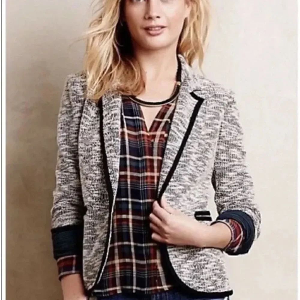 Anthropologie Cartonnier Tweed Black Trim Blazer Women’s Size 8